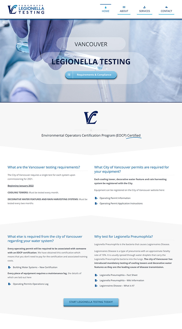 Vancover Legionella Testing Website Design Example